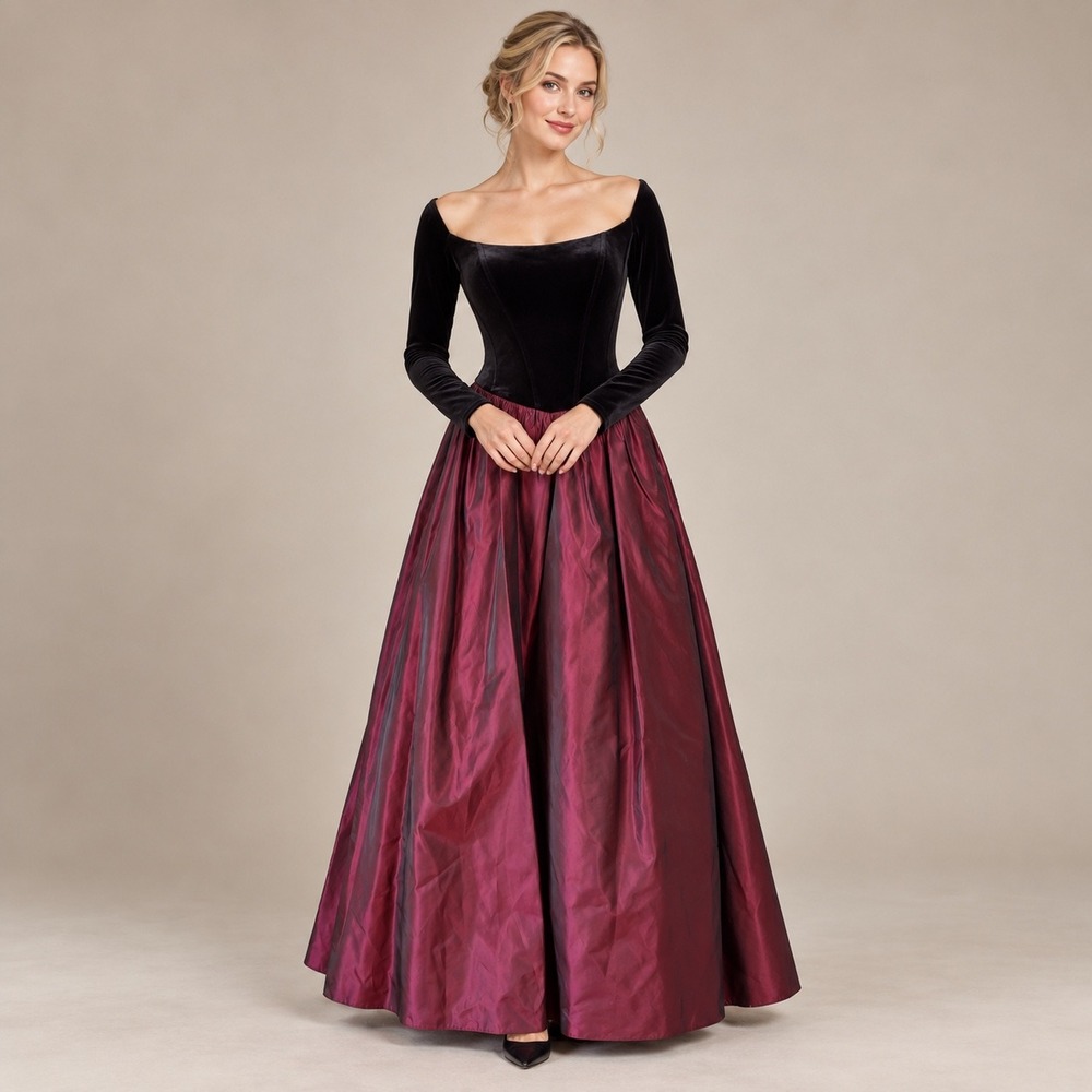 Vintage Y2K Jessica McClintock Black Velvet Burgundy Ball Gown Size 6 SONY